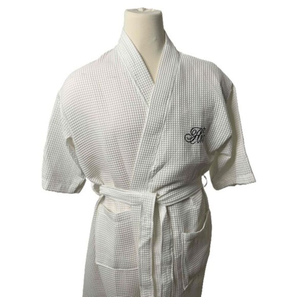 Luxor Linens Robe Unisex Size One Size White Kimono Waffle Weave “HIS” Monogram